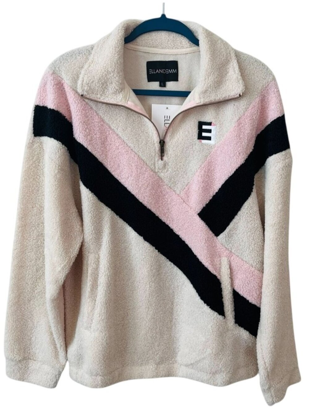 EllandEmm Colorblock Sherpa Pullover Cream Pink Black Quarter Zip Size L NWT - Picture 2 of 6